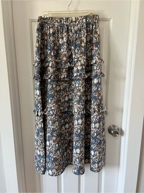 En Saison Blue Floral Tiered Ruffle Maxi Skirt